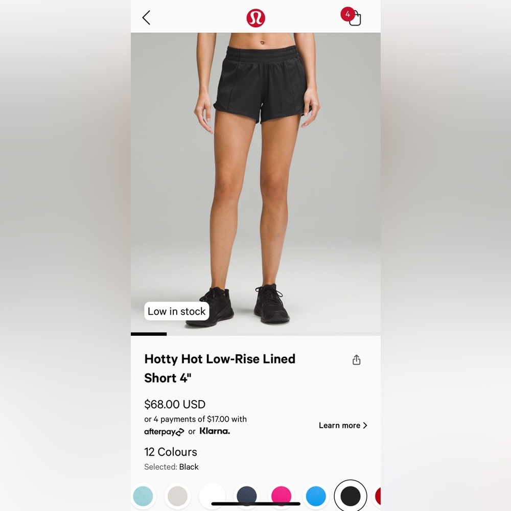 Lululemon hotty hot short low rise size 4